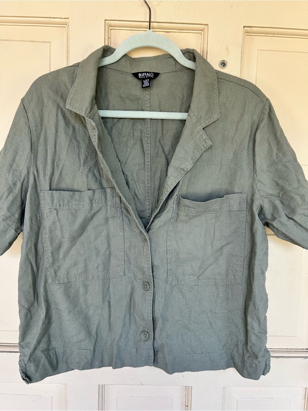 Buffalo Collared Button-Front Shirt linen blend  — Sage Green
